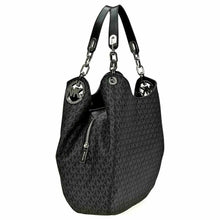 Load image into Gallery viewer, MICHAEL KORS FULTON BLACK LOGO SILVER CHAIN LARGE SHOULDER TOTE BAG NWT!