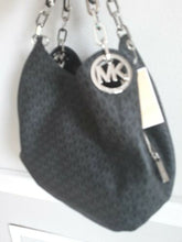 Load image into Gallery viewer, MICHAEL KORS FULTON BLACK LOGO SILVER CHAIN LARGE SHOULDER TOTE BAG NWT!