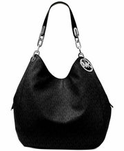 Load image into Gallery viewer, MICHAEL KORS FULTON BLACK LOGO SILVER CHAIN LARGE SHOULDER TOTE BAG NWT!
