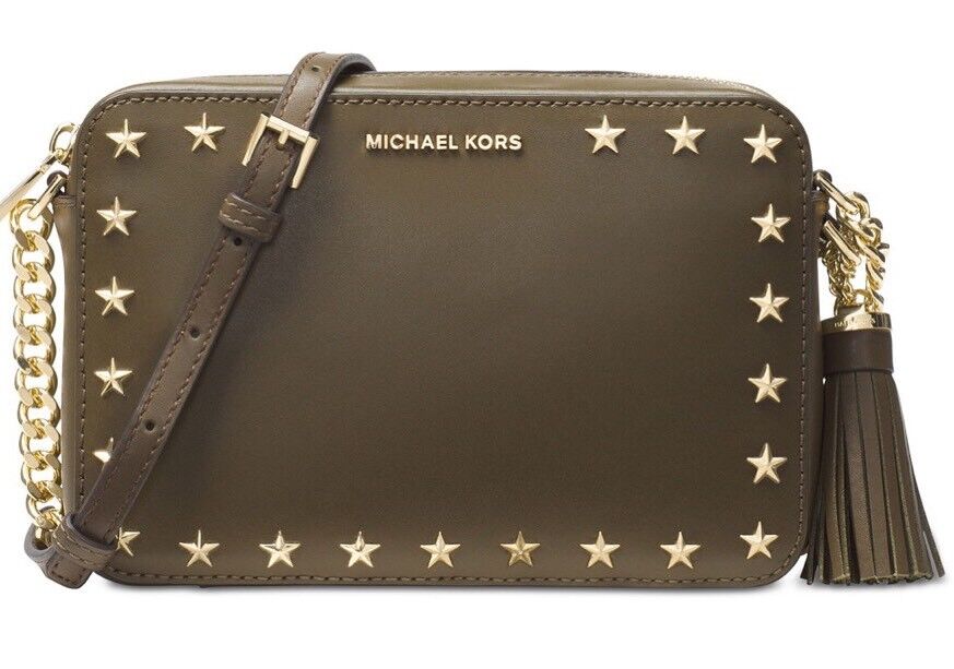 Michael Kors Ginny Medium Camera Olive Leather Stars Studs Crossbody Bag New