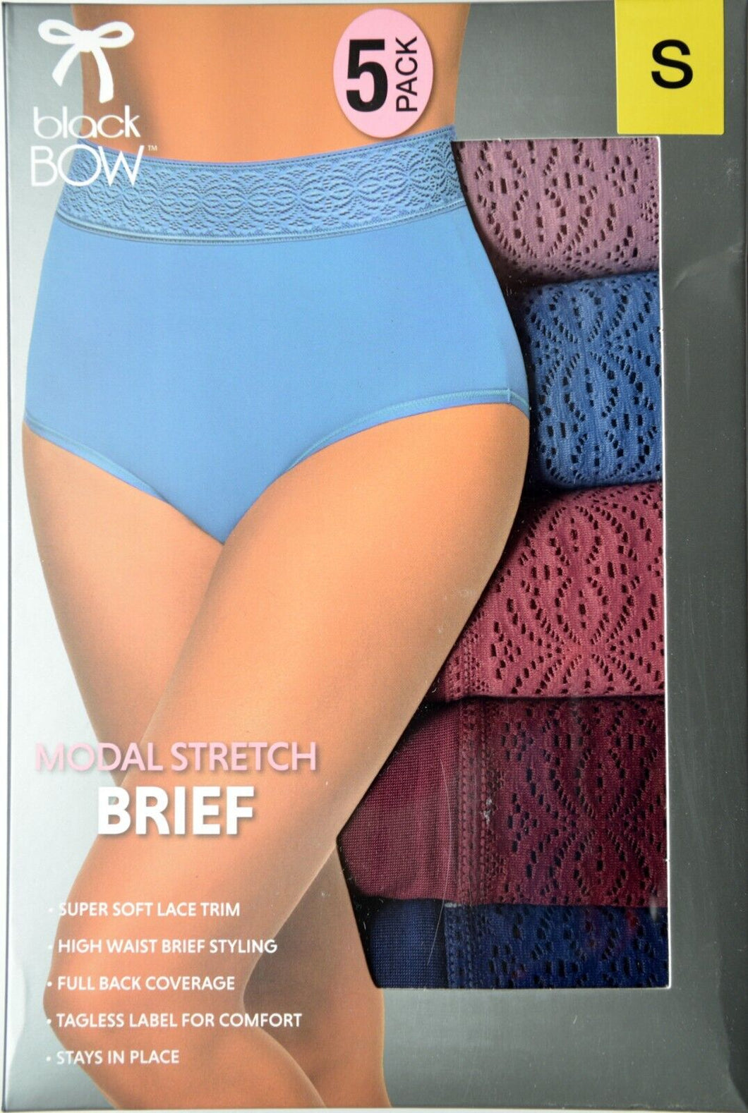 Black Bow Ladies' 5-Pack High Waist Modal Stretch Briefs with Lace