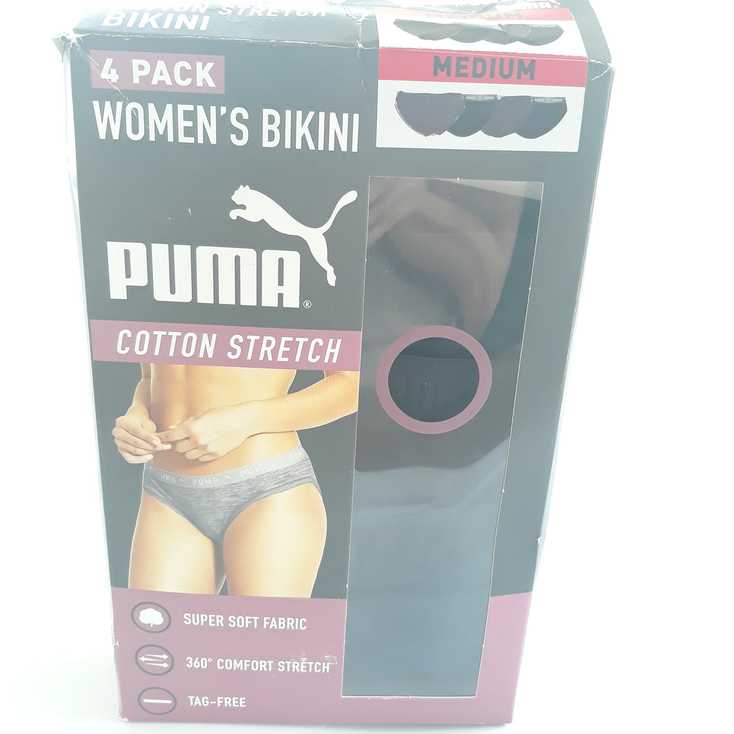 PUMA 4 Pk Black Bikini Underwear Stretch Medium Opened Box