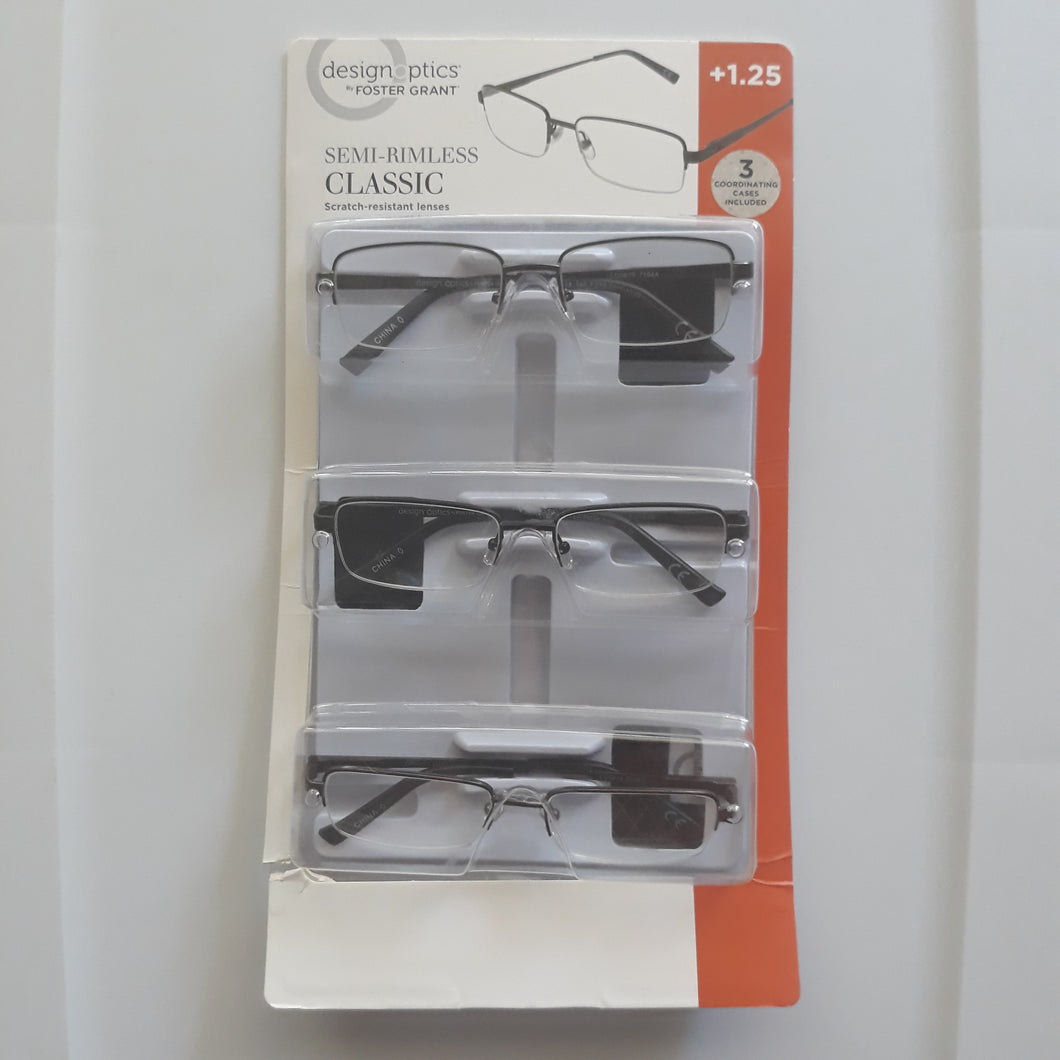 Design Optics By Foster Grant Semi-Rimless Classic +1.25, 3 Pack