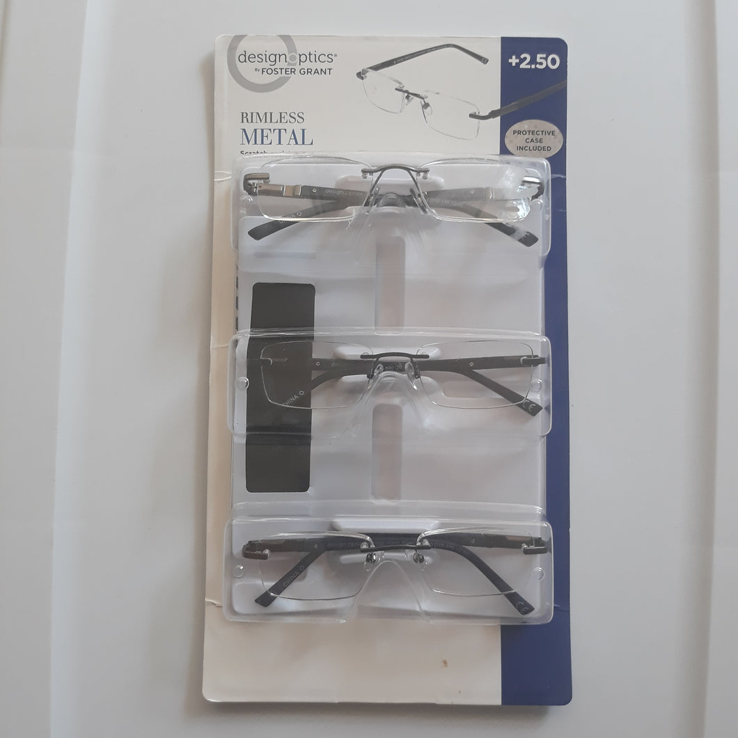 Design Optics By Foster Grant Rimless Metal +2.50, 3 Pack