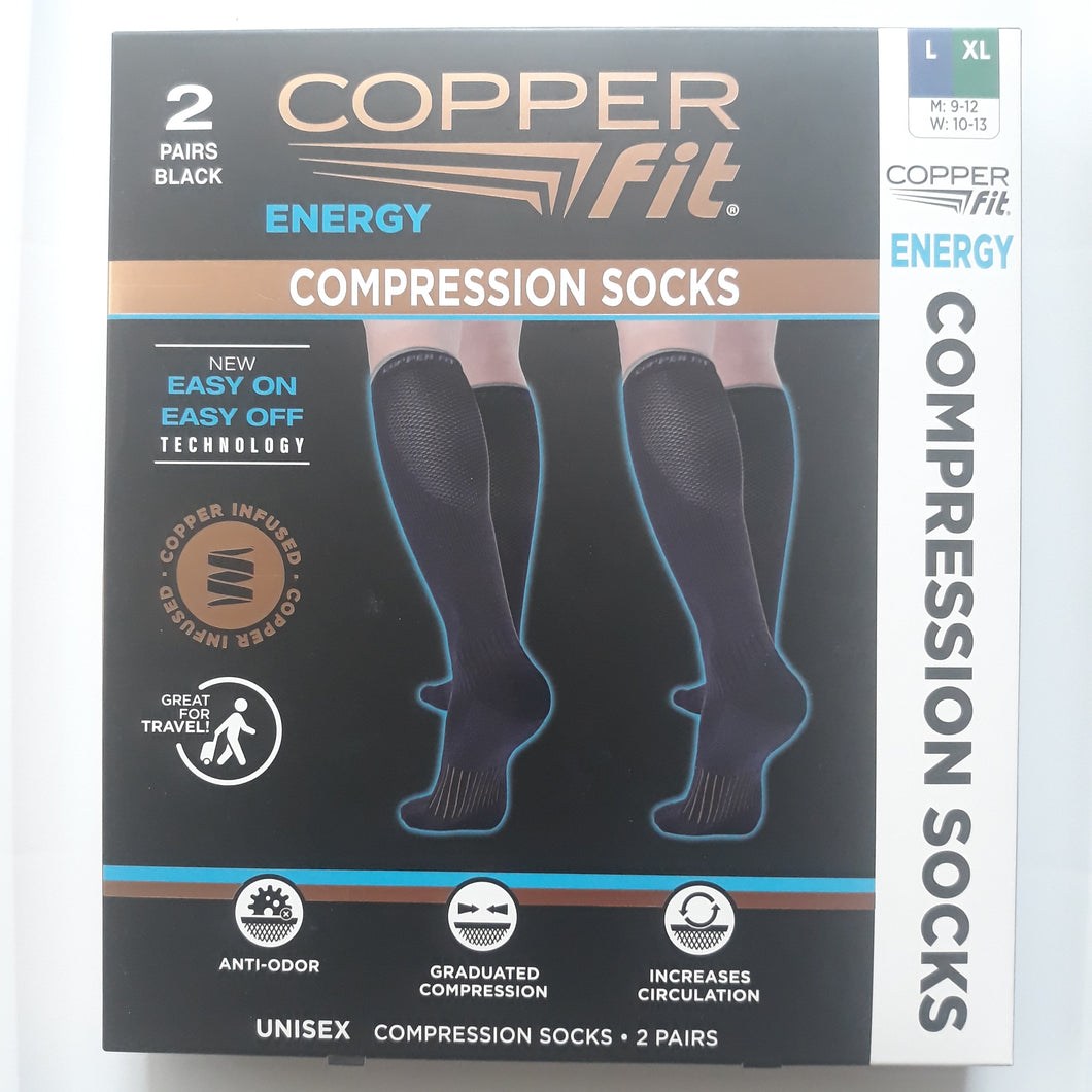 Copper Fit Energy Unisex, Knee High, Compression Socks 2 Pairs, Black