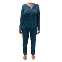 Load image into Gallery viewer, Eddie Bauer Ladies&#39; Sleep Pajama 2 Piece Set Long Sleeve Henley Pants Teal L
