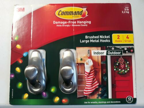 2 Command Strip Large Brushed Nickel Metal Hook Damage Free Hanging NIB