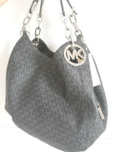 Load image into Gallery viewer, MICHAEL KORS FULTON BLACK LOGO SILVER CHAIN LARGE SHOULDER TOTE BAG NWT!

