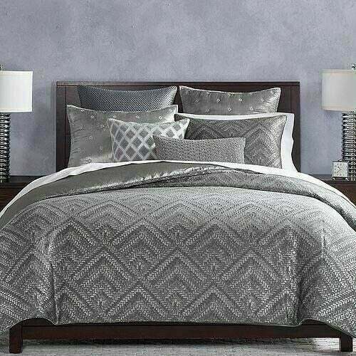 Hudson Park Woven Diamond Grey KING Duvet Cover With 2 Pillow Shams