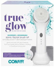 Load image into Gallery viewer, Conair True Glow Sonic Facial Brush Kit, Waterproof and Rechargeable with 2 Brush Heads and Cosmetic Storage Pouch

