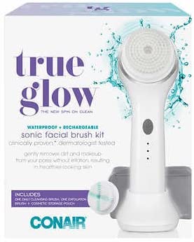 Conair True Glow Sonic Facial Brush Kit, Waterproof and Rechargeable with 2 Brush Heads and Cosmetic Storage Pouch
