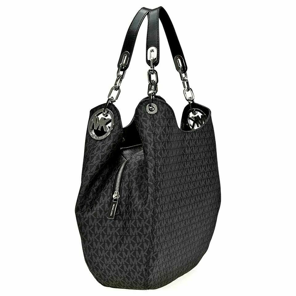 MICHAEL KORS FULTON BLACK LOGO SILVER CHAIN LARGE SHOULDER TOTE BAG NWT!