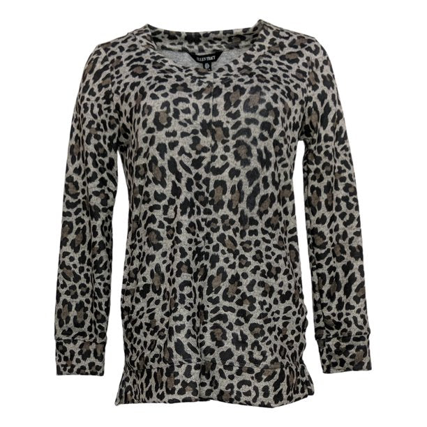Ellen Tracy Womens Cozy V-neck Black Brown Animal Print Long Sleeve M