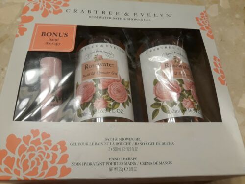 Crabtree & Evelyn Rosewater Bath Shower Gel 2 Pack Bonus Hand Therapy 2x500ml