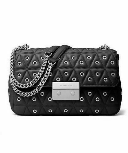 Michael Kors Sloan Chain Large Grommet Shoulder Bag, Silver Tone . Black- NWT