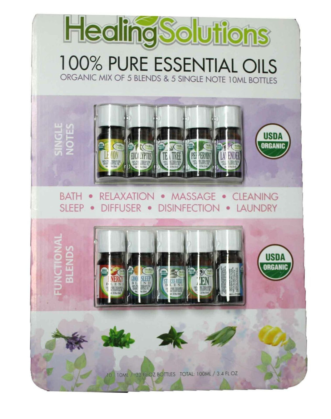 Healing Solutions 100% Pure Essential Oils 5 Blends & 5 Single Note 0.33 Oz Each
