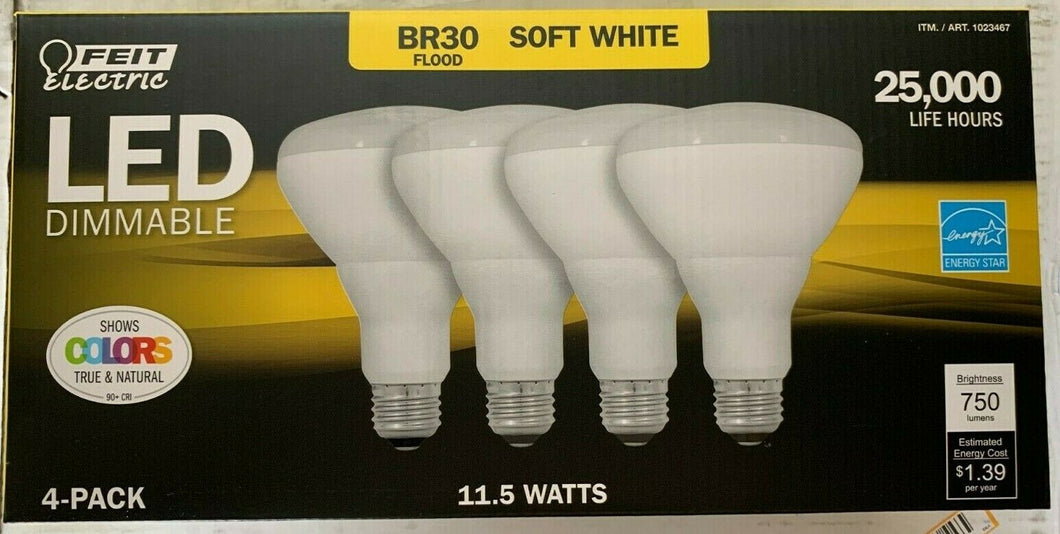 Feit LED Dimmable BR30 Flood Soft White Bulbs 65 Watts, Uses 11.5 Watts, 4 Pack