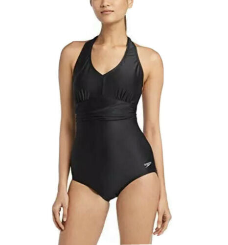 Speedo Womens One Piece Halter Swimsuit (Speedo Black Medium 8-10